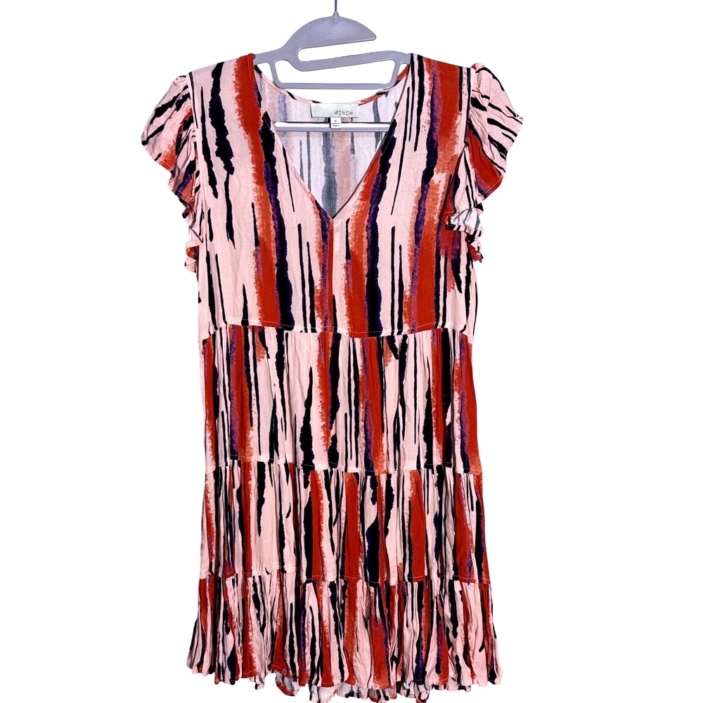 Pinch Pink Abstract Stripe Tiered Flutter Sleeve Mini Dress Womens Size Small